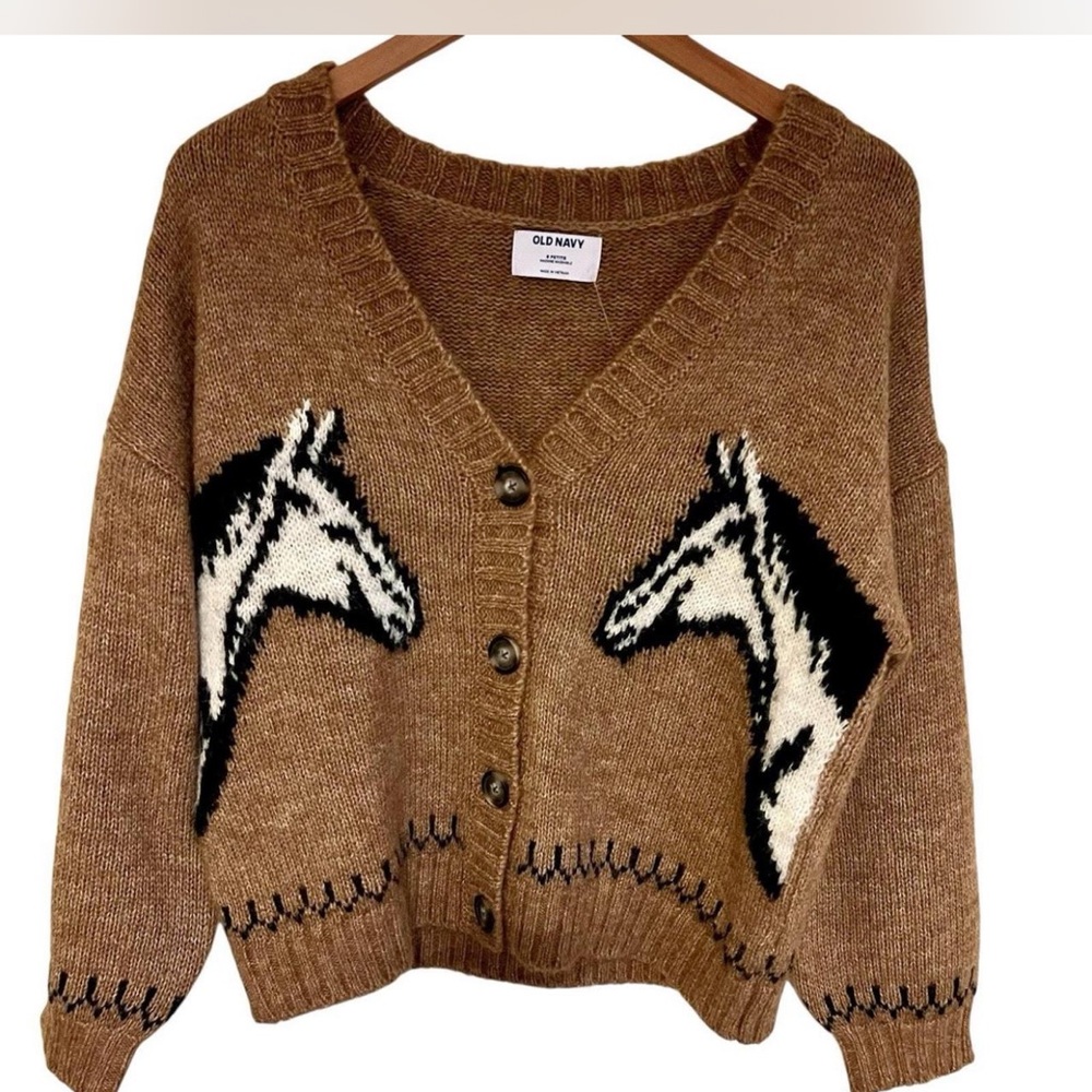 TikTok Viral Horse Cardigan Western Cowgirl Knit Sweater Brown V Neck